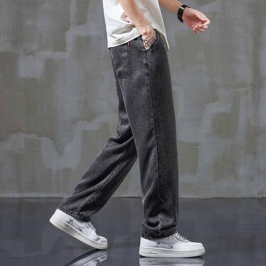 
Danyuting high-end Tennis Jeans for men loose straight summer thin wide-leg large-size ice silk casual long trousers 1048 black-elastic waist S recommended 80-100Jin [Jin equals 0.5 kg]