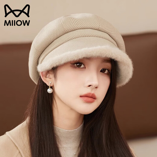 Catman Hat Women's Autumn and Winter Thickened Warm Ear-Proofing Beret Fashionable and Versatile Winter Octagonal Women's Hat Literary Showing Face Small Khaki One Size