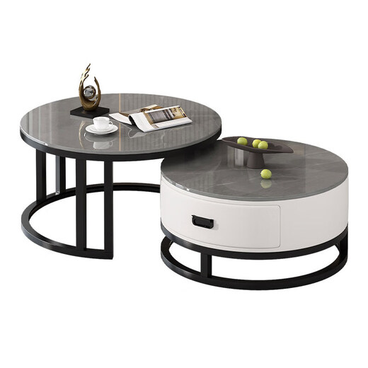 Bolatine all solid wood coffee table living room home slate light luxury tea table small apartment retractable round combination tea table high-end all solid wood black frame gray cabinet 70+50 snow mountain white