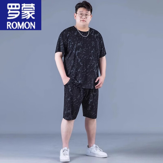 Romon Ice Silk Sports Suit Summer Summer de gran tamaño de tamaño delgado de estilo de estilo rápido para hombres Fat Fat Plus Fat Plus Flow Short Sleas Z826 Negro de alta calidad Traje de seda de hielo 7xl recomendado 250-270Jin [Jin equivale a 0.5 kg]