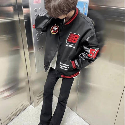 Luyal American trendy heavy-duty embroidered PU leather splicing jacket for men and women in autumn and winter thickened baseball uniform jacket high street tops black XL