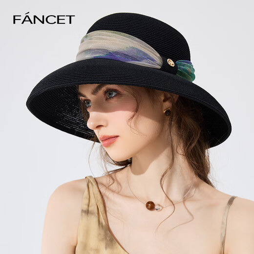 凡饰（FANCET）草帽女夏季优雅气质欧根纱帽子钟型大檐防紫外线防晒帽度假沙滩帽