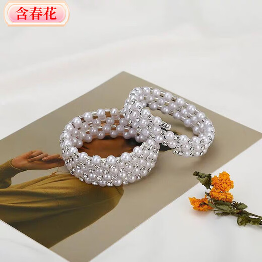 Korean style fashionable multi-layered pearl-encrusted diamond-wrapped spiral bracelet with spring flowers, wide bracelet for women, elastic wide bracelet, main picture