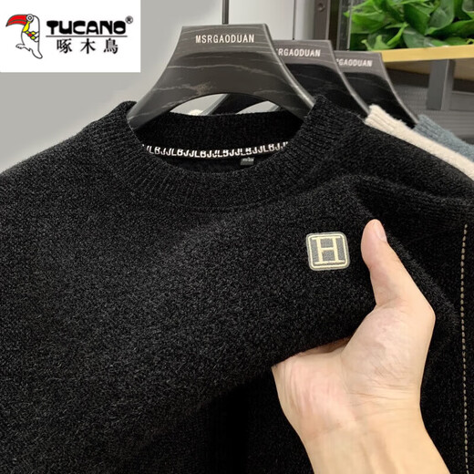 Woodpecker integrated velvet high-end round neck sweater for men's autumn and winter style plus velvet thickened warm base knitted sweater clothes 10749/9906 black [plug thickened] XL