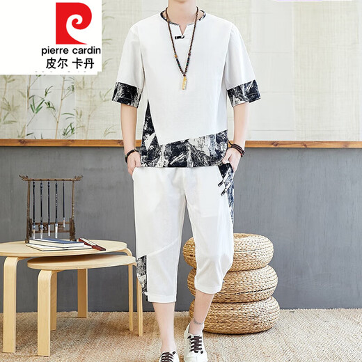 Pierre Cardin Chinesischer Stil Männer Tang Anzug Sommer Hanfu kurzärmeligte T-Shirt Retro-Stil Lose lässige große Kleidung Schwarz 687 Set Top + Hosen 2 Teile m
