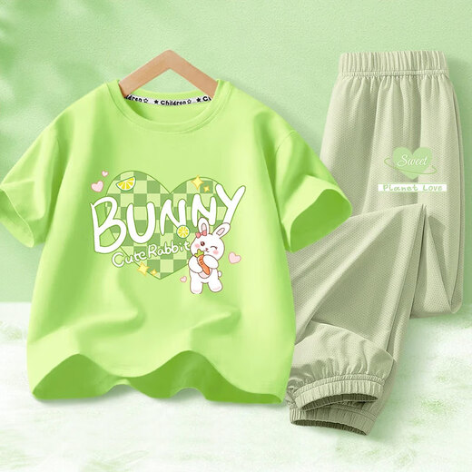 Yalu Girls Sommer Kurzarm T-Shirt 2025 Neue Jungen große Kinder mit atmungsaktivem Hosen Kinderset Dan15673 White + NHZ15682K Green 150