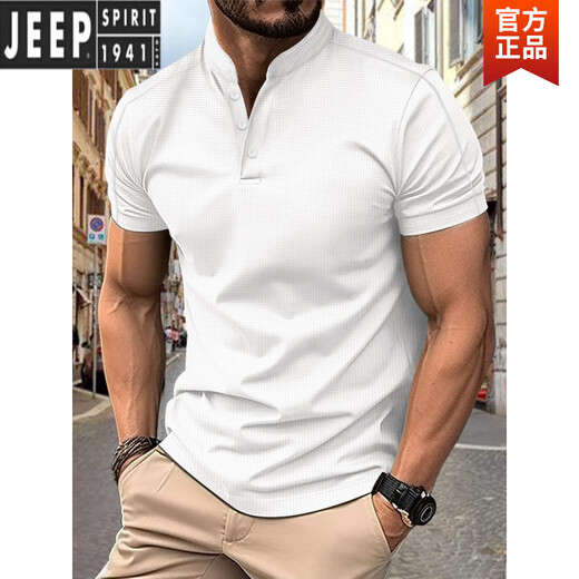 Jeep Spirit Plus Size 300 Jin [Jin equivale a 0.5 kg] Camiseta de manga corta Simple Slim Camiseta Henry Henry Collar Polo Top Botón Mhaki M