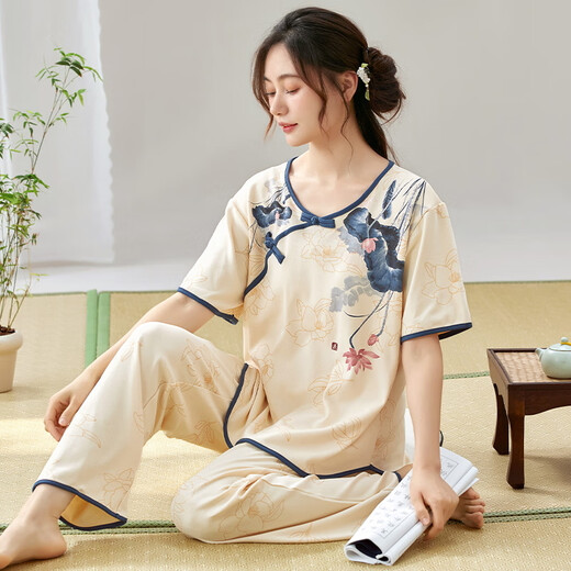 Catman Summer Frauen neue chinesische Kurzärmer-Pyjamas dünne Hosen können außerhalb von Heimkleidung getragen werden.