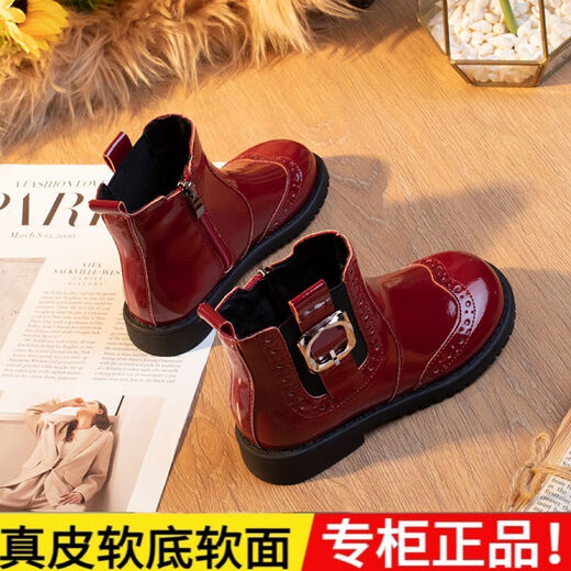 Girls' short boots genuine leather autumn and winter red fashionable children's velvet boots Ancora red soft-soled girls' Martin boots burgundy size 27 inner length 17.2