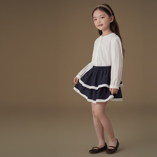 Hajihaji children's clothing spring and autumn children's long-sleeved tops skin-friendly cotton texture girls white shirt simple and high-end original white 160