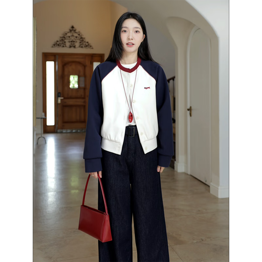 郭九九呢 复古撞色绣花插肩袖棉服毛呢外套弯刀牛仔裤 G924T17152 外套-藏青拼咖 XL