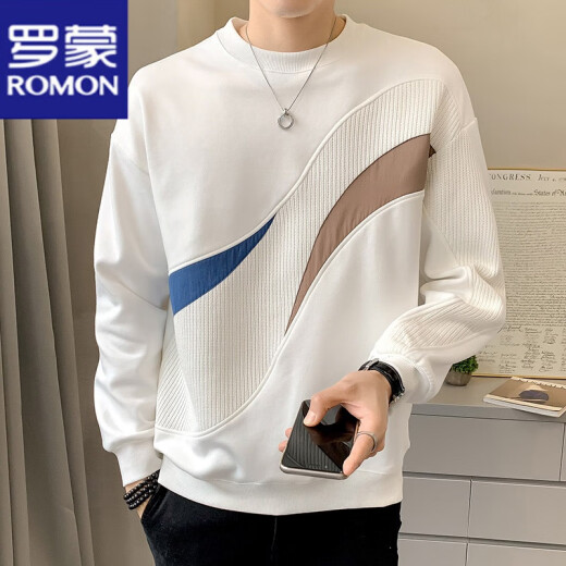 罗蒙（ROMON）长袖t恤男春秋冬季新款卫衣加绒保暖休闲宽松百搭套头圆领打底衫 7371白色 L 【111-125斤】