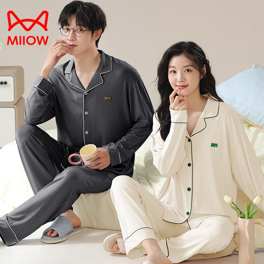 Cat Man (MiiOW) Spring, Summer, Autumn and Winter Modal Couple Pajamas Women's Long Sleeve Pants Casual Simple Four Seasons Men's Home Clothing Suit AM-Female 35171 Male 35172 XL Male (125-150Jin Jin equals 0.5 kg)