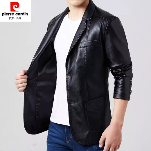 皮尔卡丹（pierre cardin）春装新款西装领皮衣男士休闲PU皮外套春季舒适厚修身夹克男装 土黄色 M 【80-105斤】