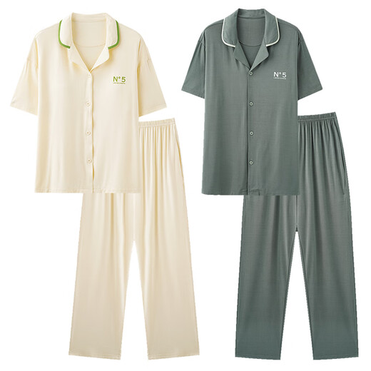 Pajama de pareja de verano de Langsha con paletas de pecho Modal de manga corta Hombres y mujeres delgada ropa de hogar suelta N12109 Mujeres# M