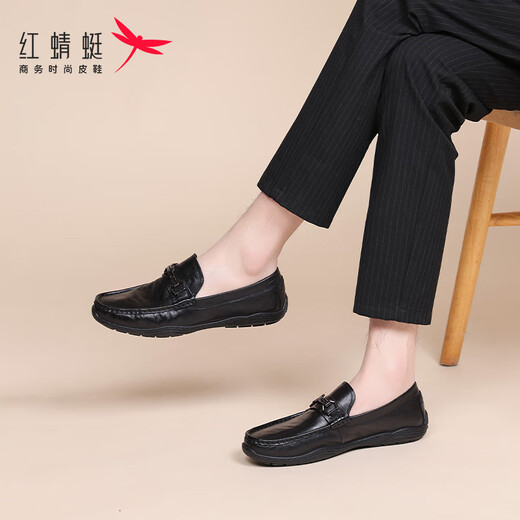 红蜻蜓牛皮豆豆鞋男鞋套脚皮鞋男士商务休闲鞋男乐福鞋WLA150591黑色40