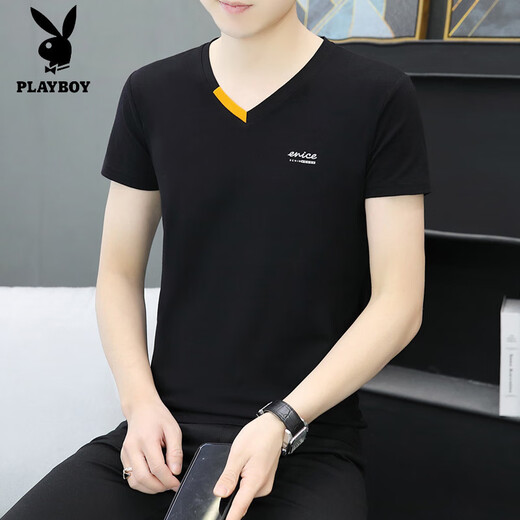 Playboy (Playboy) Sommer Neue Männer Pure Cotton V-Ausschnitt mit halbärmeligem T-Shirt Trendy Casual Letters Drucken Hühnerhart Hals kurzärmelig T-Shirt 691 Hellgrau M 90-100jin [Jin entspricht 0,5 kg]