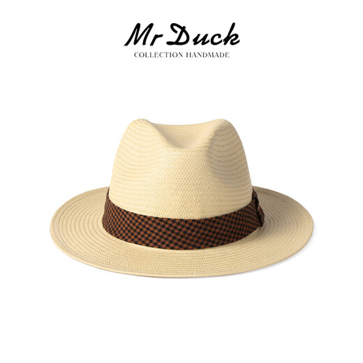 Mr DUCK2025 new product, light and breathable Panama hat, men and women, hand-dyeed cotton and linen plaid webbing topper, sun protection straw hat MS56328-Natural Khaki/Cotton and linen plaid webbing L(57-58cm)