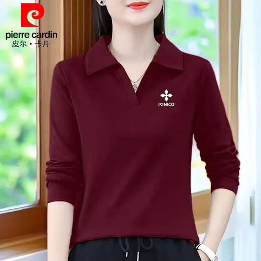 皮尔卡丹（pierre cardin）翻领polo打底衫长袖T恤女遮肉纽扣时尚气质妈妈装修身显年轻上衣 YC-9922酒红色【百搭款】 M 建议85-95斤