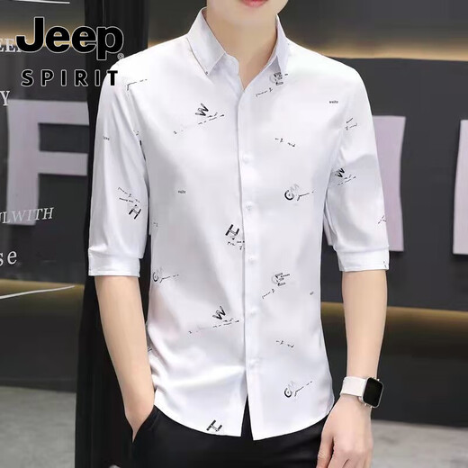JEEP SPIRIT美式高端新款夏季弹力冰丝七分袖衬衫抗皱免烫薄款男士中袖衬衣潮 682-白色 M 80斤-100斤