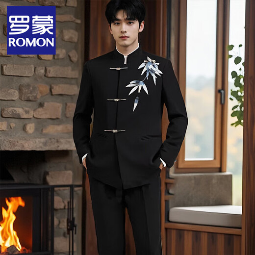 ROMON New Chinese tunic suit groom wedding suit toasting suit retro Tang suit Chinese style jacket black three-piece suit jacket + pants + white shirt L