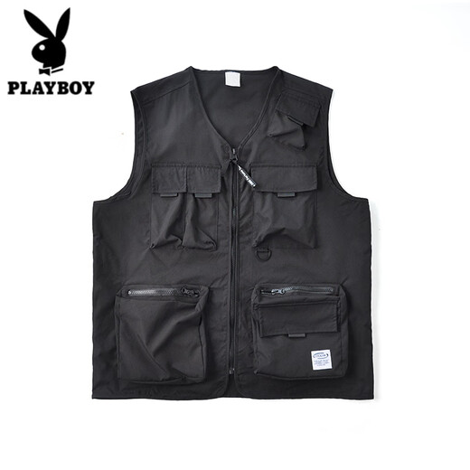 花花公子（PLAYBOY）工装战术马甲男女美式高街潮牌机能风多口袋嘻哈宽松百搭背心外套 黑色 S