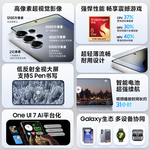
Samsung Galaxy S25 Ultra Super Anthropomorphic AI Assistant 200M pixels AI photography Snapdragon 8 Supreme Edition gaming phone 12GB+256GB Titanium Silver Blue