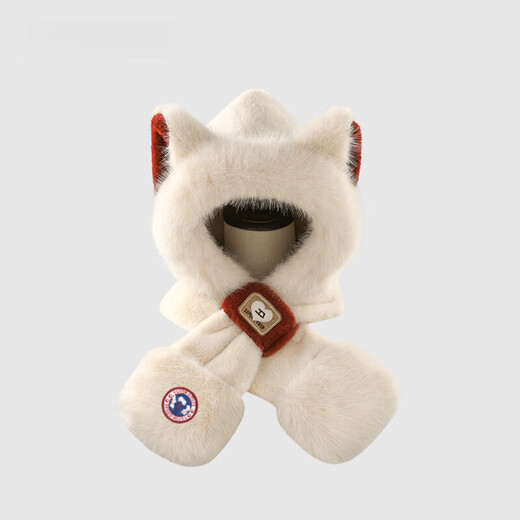 TUTORGOOSE cute fox plush hat scarf all-in-one women's autumn and winter versatile thickened and warm cycling scarf beige one size
