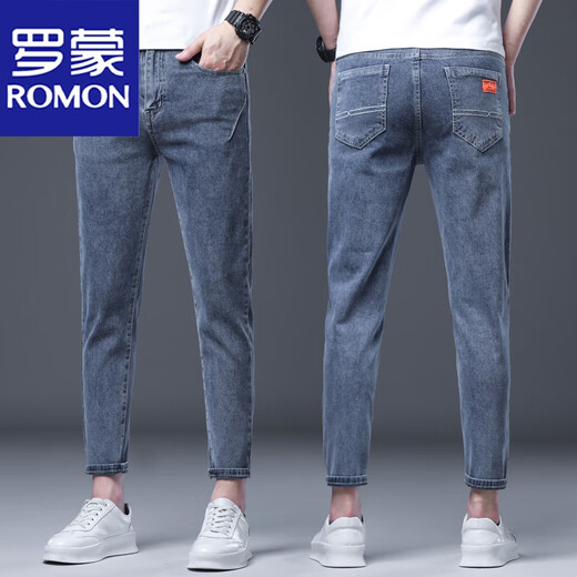 罗蒙（ROMON）新款九分裤牛仔休闲裤男士春秋新款修身小脚弹力百搭显瘦小直筒裤 6621灰色【九分款】 34 【腰围约2尺7】