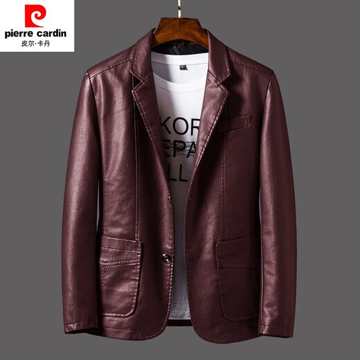 皮尔卡丹（pierre cardin）春装新款西装领皮衣男士休闲PU皮外套春季舒适厚修身夹克男装 土黄色 M 【80-105斤】