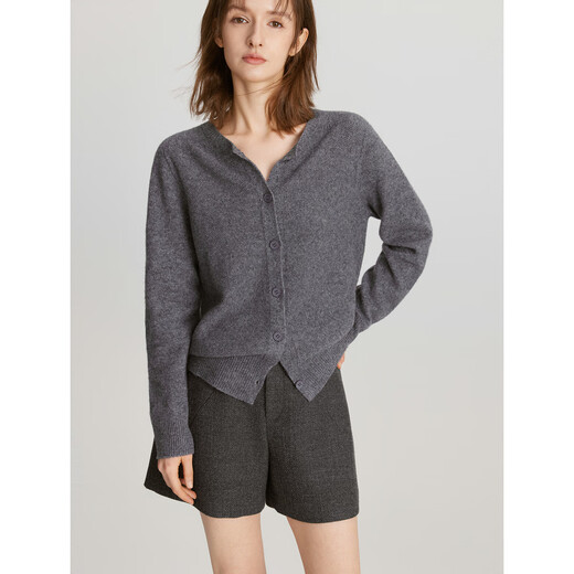 ELLE 100% sheep wool simple temperament wool sweater for women 2025 autumn new round neck sweater cardigan dark gray M