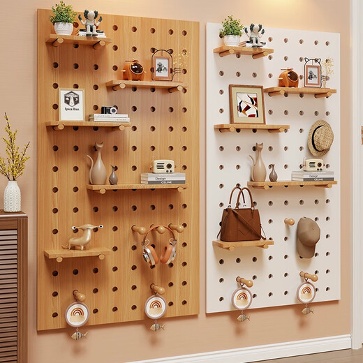 Julihui solid wood hole board hanging board storage rack kindergarten display rack custom wooden wall panel entrance wall bookshelf 60x80 base plate wood grain color