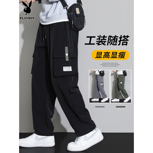 花花公子;PLAYBOY工装裤男士2025新款夏季阔腿宽松直筒春秋款休闲长裤子男款 9930黑色 8XL