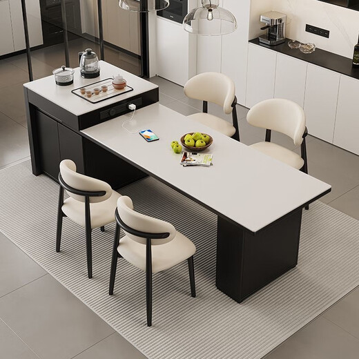 Suzhan solid wood island dining table and chair combination home modern simple light luxury style all-in-one slate retractable table dining table solid wood island dining table three-socket socket + electric tea stove + built-in tea tray 180x72x74cm