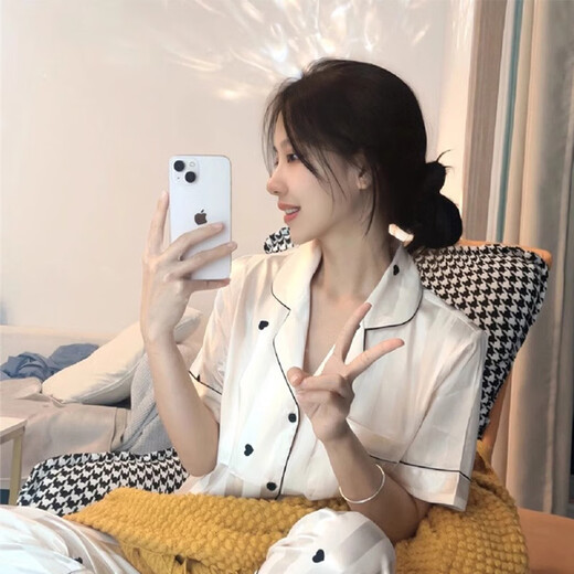 港莲娅冰丝睡衣女春秋款爱心新款家居服秋季女士感大码套装宽松夏季 高品质-f-9905短袖长裤 M  建议80-100斤