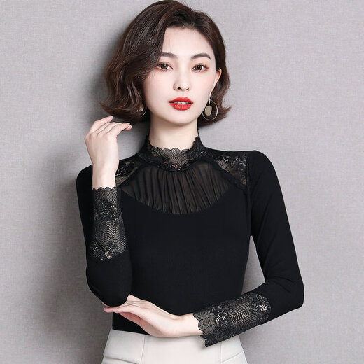 2025年新款春装长袖蕾丝打底衫莫代尔女气质内搭上衣显瘦洋气小衫 7027黑 波点多边形领长袖 均码 （90斤-130斤）