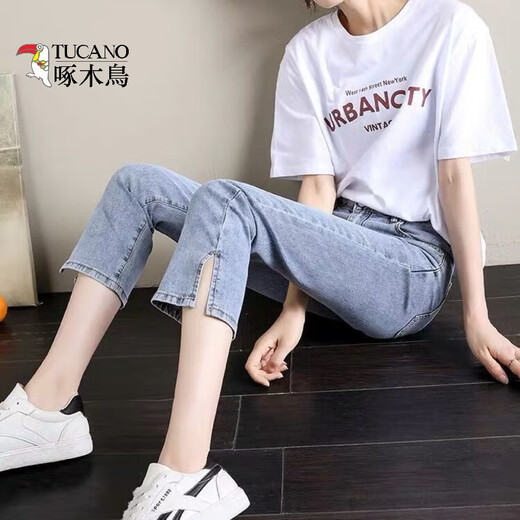 啄木鸟高腰弹力牛仔裤女2025直筒宽松春夏新款显瘦九分开叉烟管裤 826弹力浅蓝色 九分 32 【134-145斤】