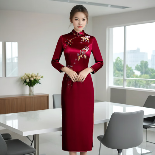 Meifuna cheongsam Chinese style autumn and winter new style high-end mother-in-law wedding banquet embroidered cheongsam wedding mother dress for women burgundy 2XL