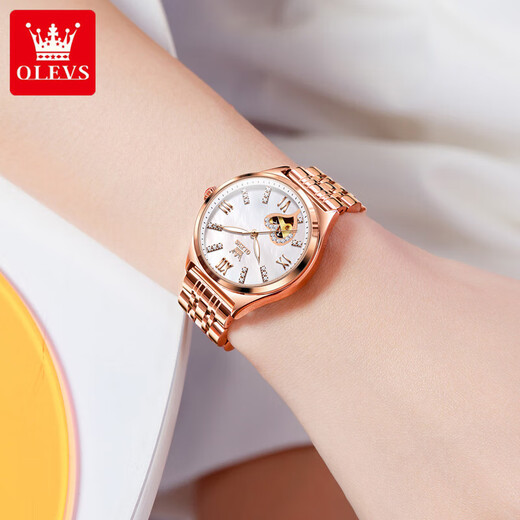 
OLEVS Swiss certified brand watch women's fully automatic mechanical watch fashion temperament women's watch hollow women's watch gift OLEVS-6636-Rose steel white surface