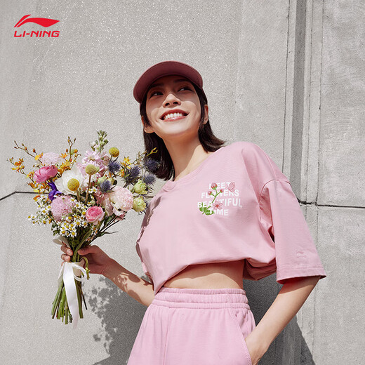 李宁速干T恤丨凉感抗菌短袖T恤男女同款秋季印花宽松运动户外上衣 【凉感/抗菌】凉茶薄纱粉687-7 3XL
