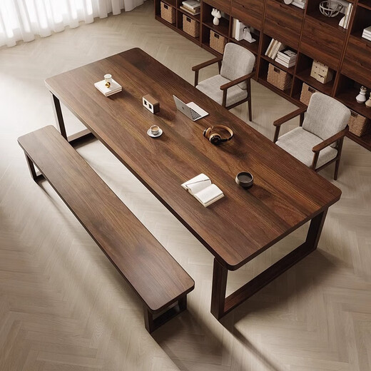 Iron Emperor walnut living room solid wood desk modern double computer table dining table work table long table study table office tea table rubber wood bachelor's chair (fabric seat)