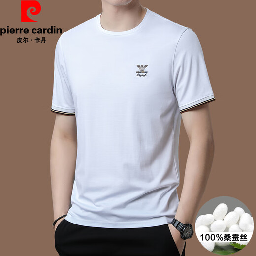 皮尔卡丹（pierre cardin）高端品牌夏季2025新款高端刺绣短袖上衣薄款圆领凉感冰丝t恤 黑色【蒂13062】 4XL 190【适合体重195-220斤】