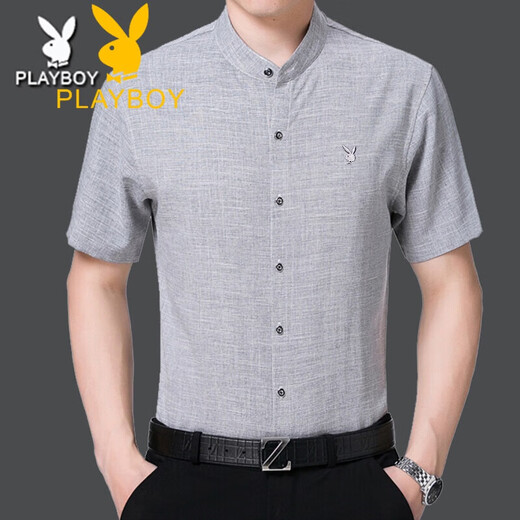 花花公子（PLAYBOY）中年男棉麻立领短袖衬衫衣夏季薄款宽松大码商务爸爸装圆领衬衣寸 浅兰 Z6636格子浅兰 S 165/84A