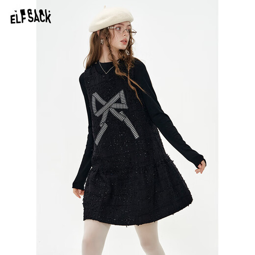 Fairy's Pocket Fragrance Style Black Fine Glitter Dress Suit for Women 2024 Winter New Style with Slimming Little Black Skirt Bow Black M