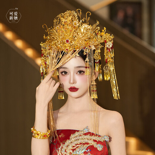 Shu Mo bride Ming Dynasty Hanfu headdress 2024 new high-end heavy industry gold and red phoenix crown Xiamei hair crown Chinese style Xiuhe hair accessories gold and red happy word butterfly phoenix crown (full crown) + earrings