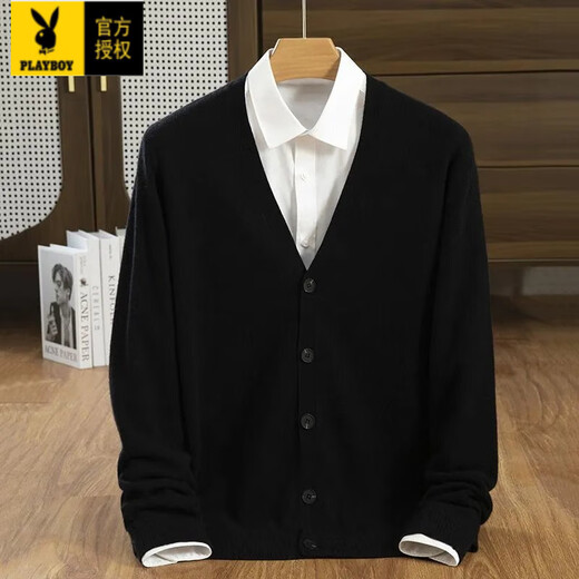 Playboy (PLAYBOY) wool cardigan men's V-neck outer wear knitted cardigan spring and autumn new casual loose large size men's sweater jacket trendy black without shirt L 130-150Jin Jin equals 0.5 kg