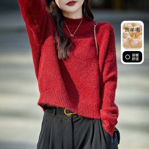 Demana sheep wool soft and waxy thickened sweater, lazy style red sweater, bright red M