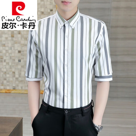 皮尔卡丹（pierre cardin）2025夏季短袖衬衫男修身帅气条纹五分中袖衬衣男款休闲半袖上衣 DC679卡其色 L (110-120斤)