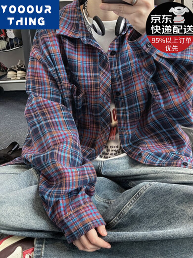 YOOOURTHING美式复古格子衬衫男长袖春秋冬加绒加厚宽松情侣百搭休闲衬衣外套 CJ9734-蓝格加绒 XL(建议125-145斤) 均码