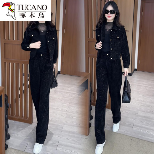 
Woodpecker Fashion Sportswear Set for Women 2025 Spring and Autumn New Internet celebrity style small short jacket wide-leg pants two-piece 6198# Black [Spring and Autumn Style] L [Suggestion-110Jin[Jin equals 0.5 kg]]